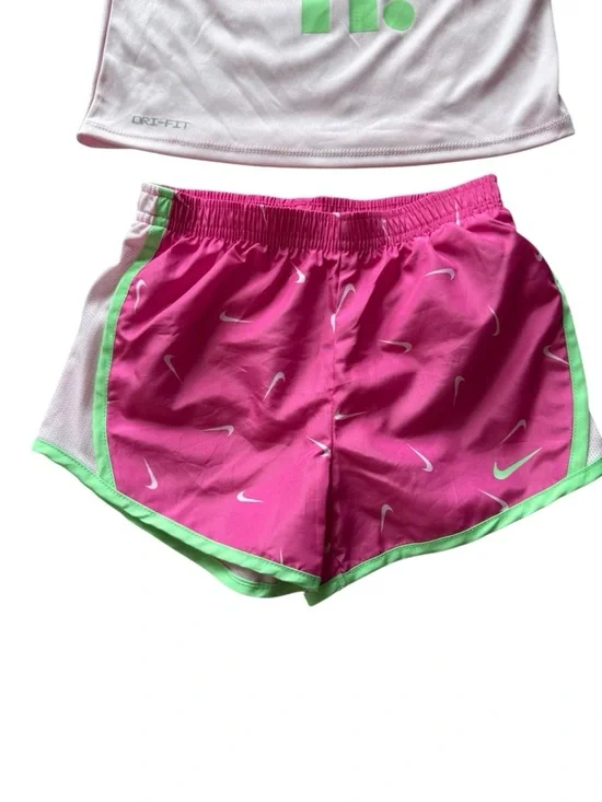 Nike Kids Pink Top and Fuchsia Shorts Matching Set with Lime Green Accents - Picture 2 of 8